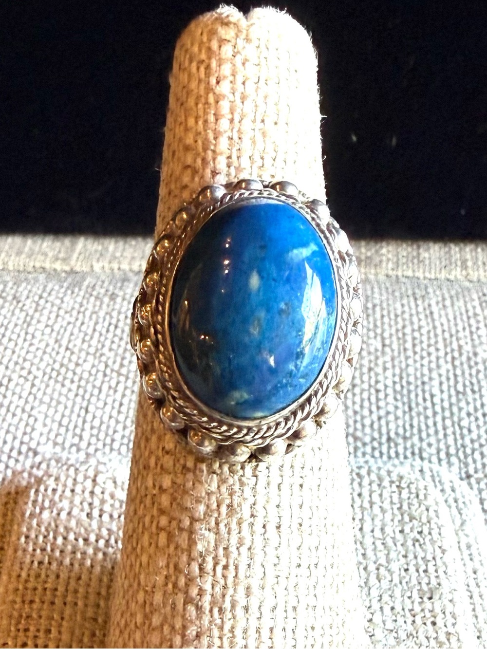 Blue Lapis Lazuli Oval Cut Cabochon Ring Set In Ornate Sterling Silver Band